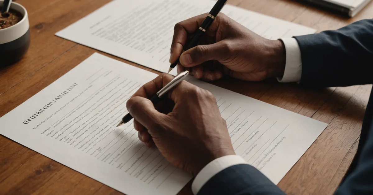 Two sets of hands over a signed document on a table