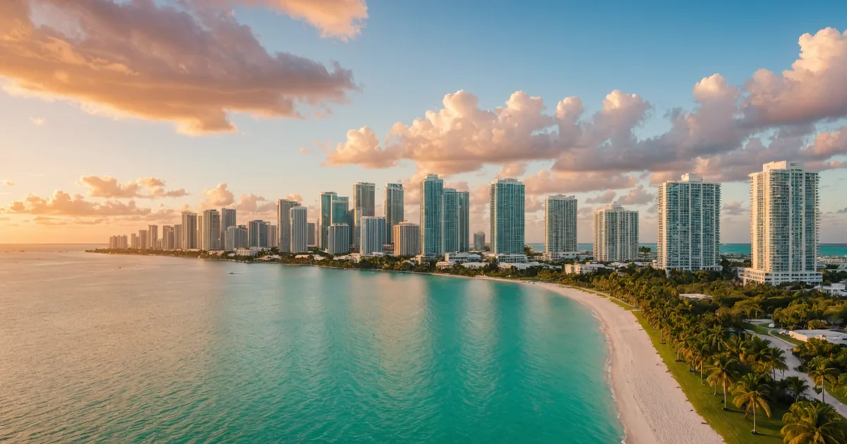 Aerial view of Miami neighborhoods with Biscayne Bay in the background