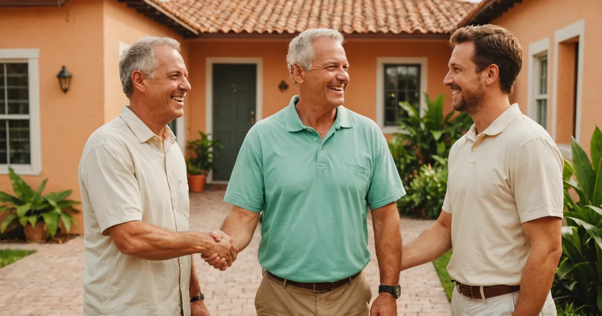Two people shaking hands over blueprints of a property, symbolizing co-ownership