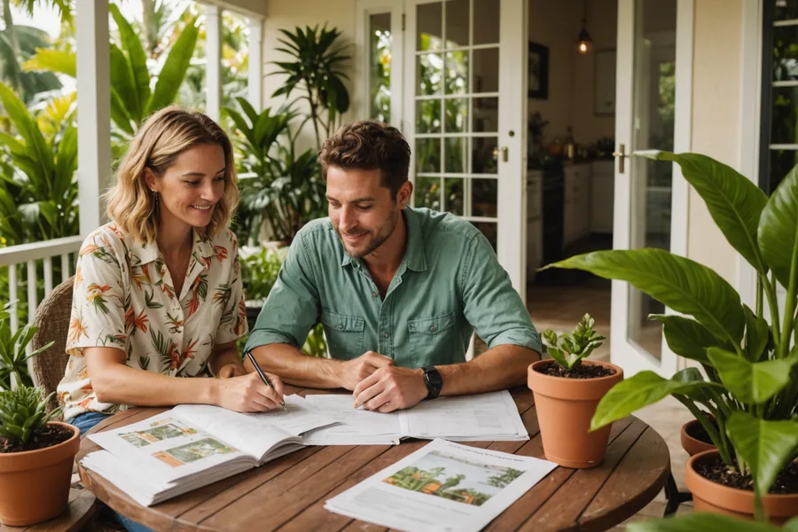 Two friends reviewing co-ownership documents on a sunny Miami porch